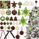 38Pcs Velvet Christmas Ornaments Set, Brown Green Beige Flocked Christmas Ornaments for Xmas Tree Decorations Shatterproof Plastic Hanging Balls for Indoor Home Party Holiday Decor Gifts