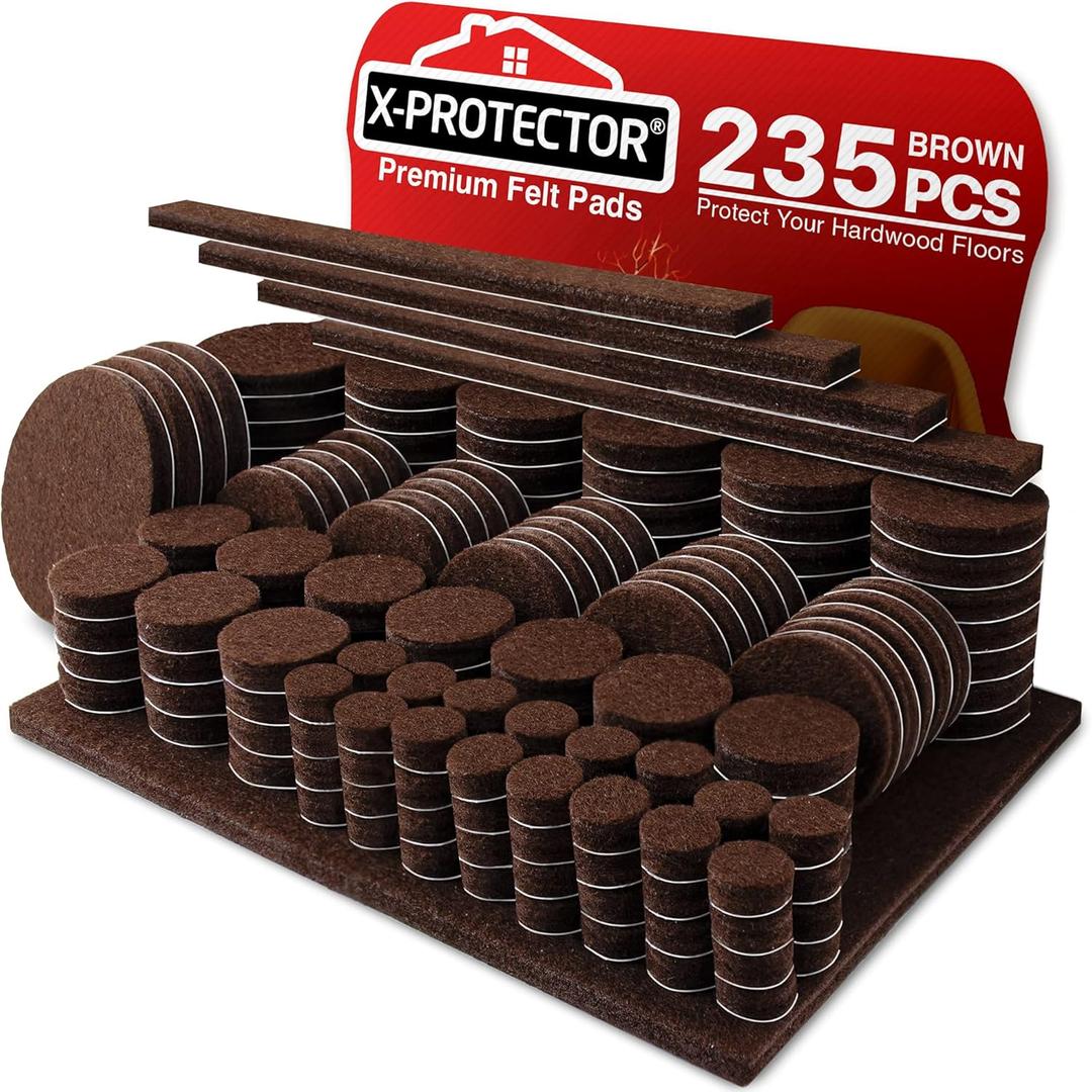 Felt Furniture Pads X-PROTECTOR 235 PCS Premium Furniture Pads - Felt Pads Furniture Feet Best Wood Floor Protectors - Protect Your Hardwood & Laminate Flooring! (235 PCS Brown, Round & Square)