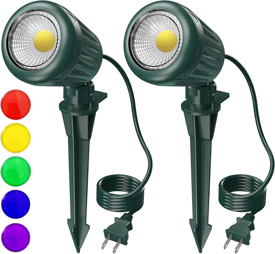 Christmas Spotlights Outdoor,120V Plug-in Halloween Spot Lights,6000K Landscape Lighting with 5 Color Lenses (Red, Yellow, Green, Blue, Purple)IP65 Waterproof,Garden, Lawn Tree Decoration,2 Pack