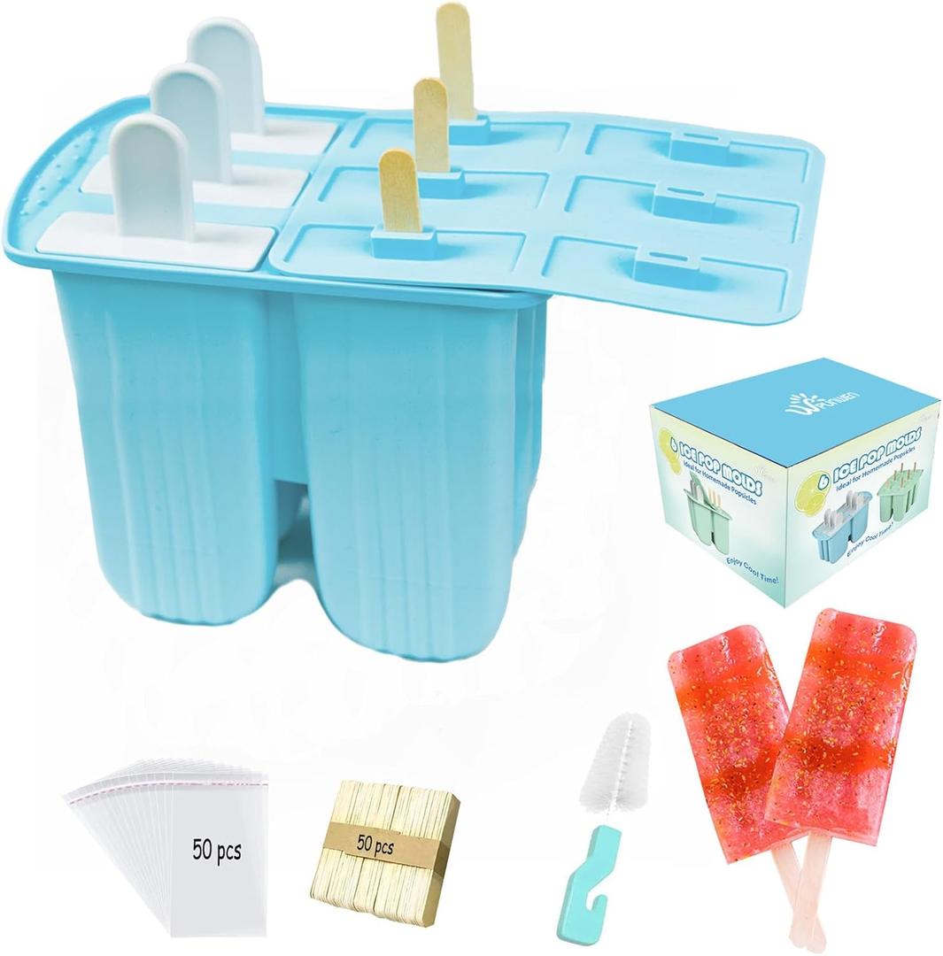 Silicone Popsicle Molds with Sticks Wpunwen 6 Cavity Ice Popsicle MoldsIce Cream Mold with Clean Brush 6 Reusable Sticks 50 Sticks 50 Bags Blue
