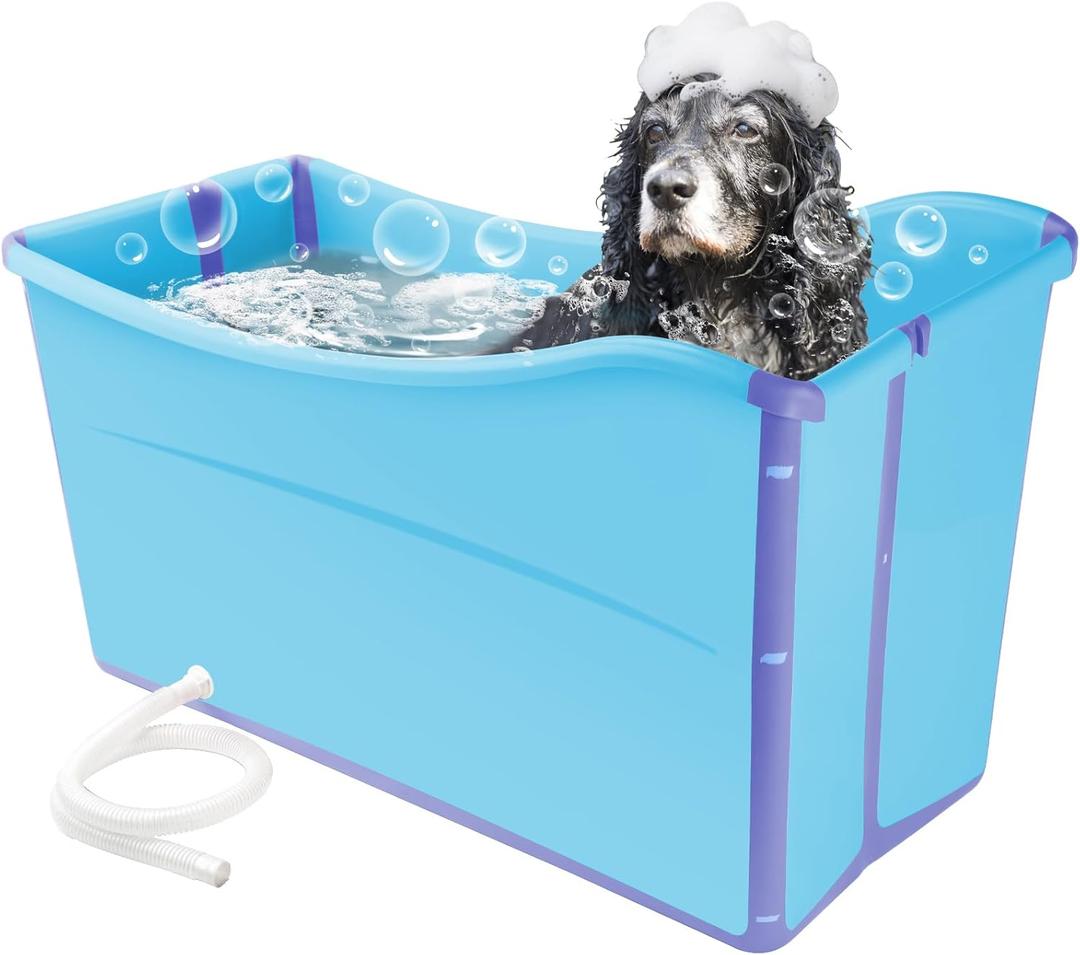 FHTONGE 49Gal/186L Collapsible Extra Large Dog Bathtub with Drainage, Thicken Portable Shower Bucket for Big Dog Indoor/Outdoor Bathing Camping, Freestanding Surround Pet Large Soaking Barrel Bule (Blue)