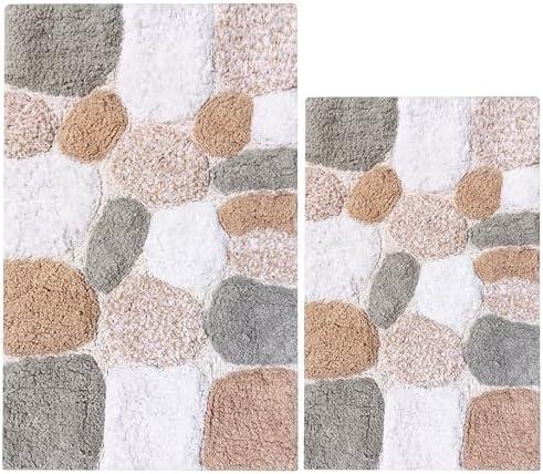 Ramanta Home Pure Cotton Pebble Stone Bathroom Mat - Grey Beige, Super Soft Anti Skid Absorbent Bath Rug Set for Bathroom, Kitchen, Machine Washable Bathrugs - 21x32