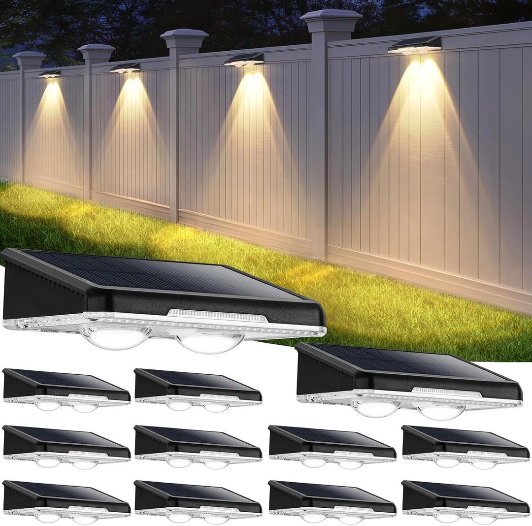 Solar Fence Lights Outdoor 12-Pack, Waterproof LED Fence Light Solar Powered with 3 Modes (3000K/4500K/6500K) for Outside, Deck, Step, Stairs, Balcony, Yard, Patio, Walkway, Pathway, Railing