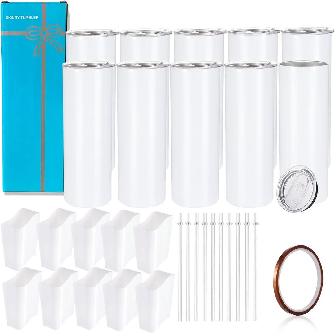 10 Pack Sublimation Tumblers Bulk Straight Skinny Tumbler Blanks 20oz for Heat Transfer, Individual Gift Boxed, Double Wall Insulated Tumbler with Shrink Wrap Films & Heat Tape & Straws