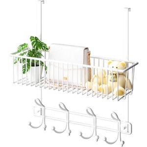 Over The Door Hooks Organizer,Door Hanger Door Storage with Basket,Over The Door Towel Rack Coat Hooks with 12 Hooks,for Bathroom,Bedroom,Kitchen,Office,Apartment(White)