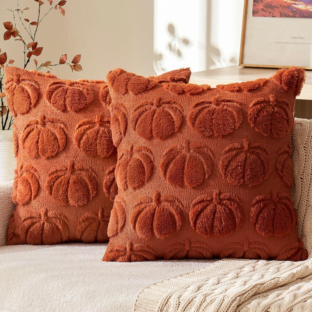 MIULEE Fall Throw Pillow Covers 18x18 Set of 2 Autumn Decorations Rust Pumpkin Accent Pillowcase for Outdoor Porch Sofa Couch Bed Living Room Plush Faux Fur Halloween Farmhouse Home Decor