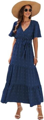 Fancy Uyee Women's Wrap V Neck Maxi Dress Swiss Dot Short Sleeve Casual Tie Waist Boho Flowy Long Dresses, Large