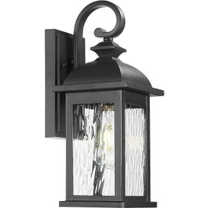 FEMILA Outdoor Wall Light Fixture,1-Light Exterior Waterproof Wall Sconce, 15" Front Porch Lights,Anti-Rust Matte Black Finish with Water Ripple Glass,4FD54B BK-WP