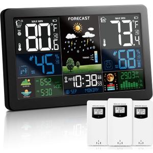 Weather Station Wireless Indoor Outdoor Thermometer with 3 Remote Sensors and Color Display Atomic Clock, Weather Thermometer Forecast Station with Sunrise Sunset Time and Tide Level