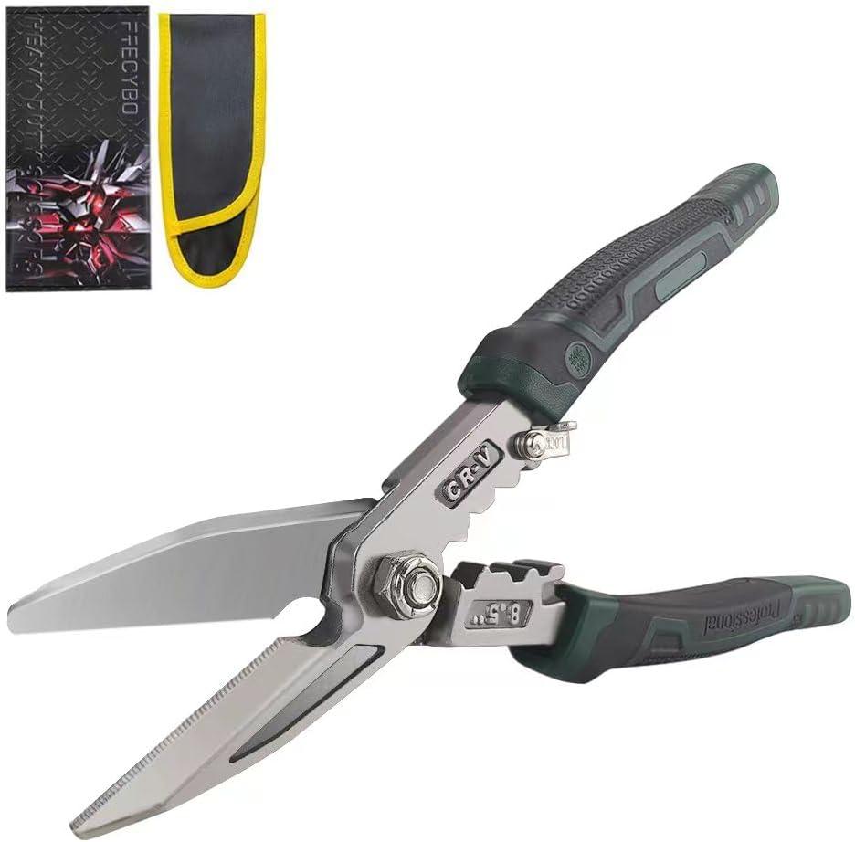 Heavy Duty Industrial Scissors 8.5'', Utility Sharp Aviation Tin Snips, Finely Serrated CR-V Blades with Safety Lock, for Cutting Wires, Cardboard, Plastic, Carpet, Metal Sheet