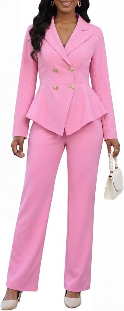 Pant Suits for Women Dressy 2 Piece Double Breasted Peplum Blazer and Wide Leg Pantsuits Business Work Office Outfits,XL