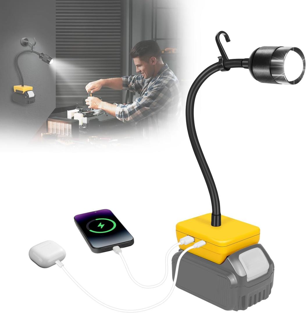 LED Rechargeable Work Light Compatible with Dewalt 20V Battery - 30W 3000LM Flashlight with Low Voltage Protection - Portable Tool Light with USB/Type-C Charging Port for Job Site/Construction/Camping