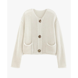 Chevara Women’s Cropped Cardigan Sweater Long Sleeve Crewneck Button Down Knit Sweater with Pockets, Color: Beige, Size Large