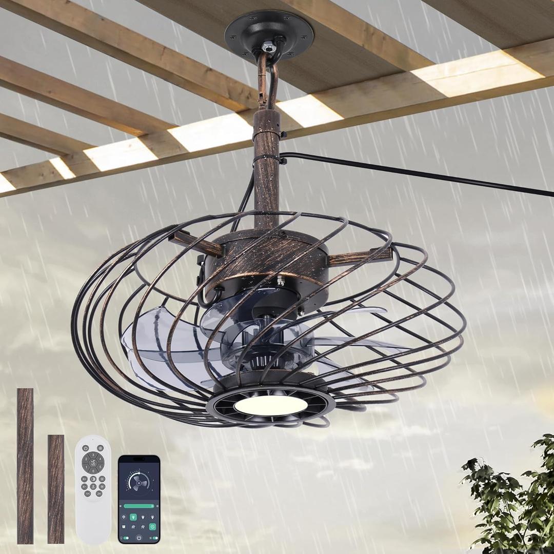 15" Outdoor Ceiling Fan with Light, Waterproof Gazebo Fan Remote Control, Dimmable LED Light, Hanging Black Caged Ceiling Fixtures with Plug in Cord for Patios Pergola, Black Gold 15" Outdoor Ceiling Fan with Light, Waterproof Gazebo Fan Remote Control, Dimmable LED Light, Hanging Black Caged Ceiling Fixtures with Plug in Cord for Patios Pergola, Black Gold