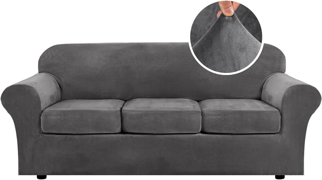 H.VERSAILTEX 4 Pieces Thick Velvet Sofa Covers Couch Covers for 3 Cushion Couch Sofa High Stretch Slipcovers Furniture Protector Form Fit Luxury Couch Cover for Dogs Width Up to 90 Inch(Sofa,Grey)