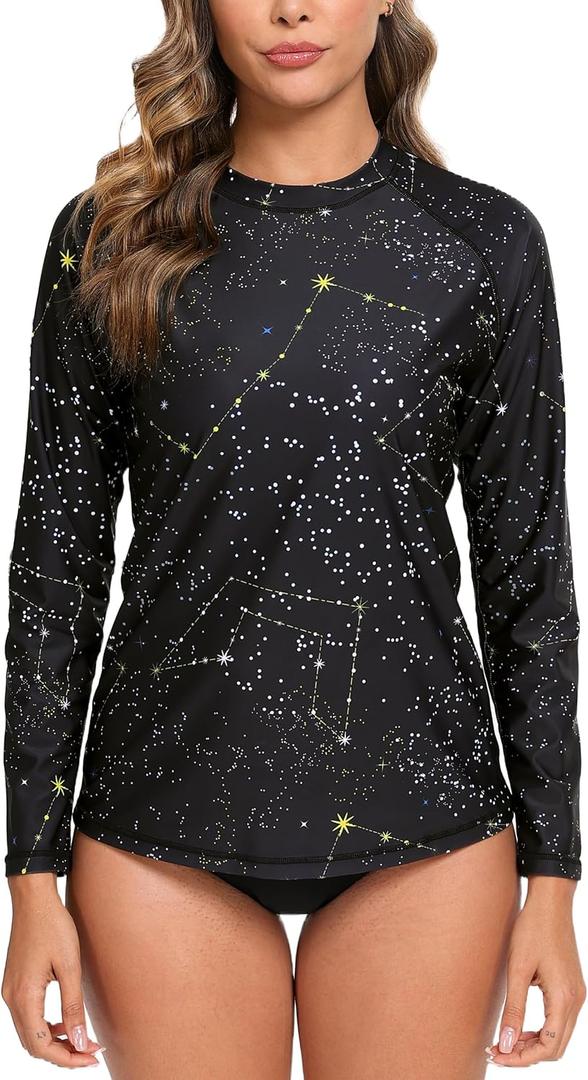 Halcurt Womens Long Sleeve Rash Guard Swim Top with Built in Bra UPF50+ Sun Protection Swim Shirts Quick Dry Swimsuit (Medium, Black/Galaxy)