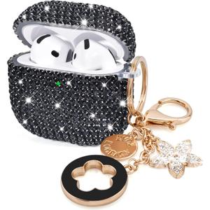 VISOOM Cute Jewelry Cases for Airpods 4 Cases 2024 Cover Women, Sparkly Air pods 4 Gen Case Hard TPU Airpod Case 4th Generation Bling Glitter iPods 4 Case Keychain for iPods Earbuds Airpods 4th-Black
