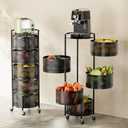 JAQ Rotating Fruit Basket, 5-Tier Metal Sturdy Kitchen Storage Rack Shelf Carts No Assembly on Rolling Wheels for Fruit Vegetable Grocery Corns Potato Onion (5-Tier, Black)