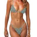 OWICA Women's Triangle Bikini Sexy Thong Floral Print Two Piece Swimsuit Bathing Suits Sets Back Tie Spaghetti Straps Bikini Top, S
