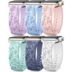 SNBLK 6 Pack Floral Engraved Bands Compatible with Apple Watch Bands 40mm 41mm 42mm 38mm 44mm 45mm 46mm 49mm Women Men, Silicone Flower Pattern Strap for iWatch Series 11 10 Se Ultra 9 8 7 6 5 4 3 2 1 (Lavender/Baby Blue/Pink Sand/Succulent/Blue Grey/White)