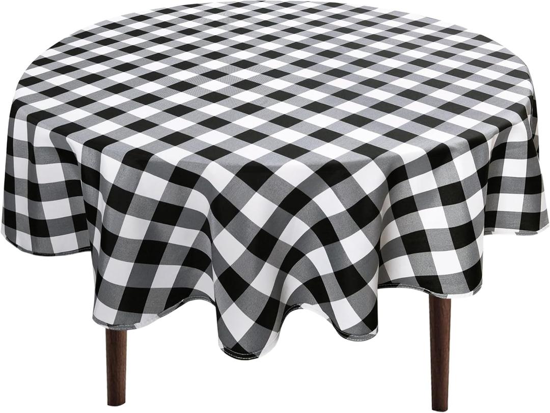 Hiasan Checkered Round Tablecloth 50 Inch - Waterproof Stain and Wrinkle Resistant Washable Fabric Table Cloth for Dining Room Party Outdoor Picnic, Black and White