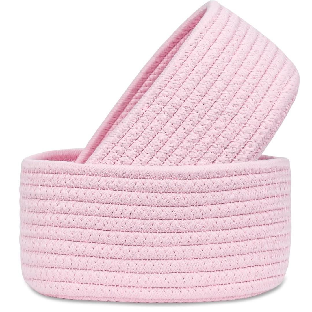 2 PackABenkle Small Woven Baskets, Tiny Oval Shallow Storage Baskets, Mini Cotton Rope Empty Decorative Basket, Boho Little Organizer Bins for Bathroom, Cat Dog Toy Gifts Baskets (Pink)