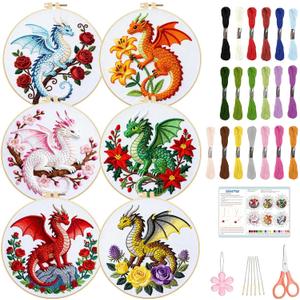 BEUNITONE 6 Sets Embroidery Kits for Beginners with Dragon and Flowers Patterns, DIY Craft Kits for Adults Include Embroidery Hoops and Instructions, Needlepoint Kits for Craft Lover and Home Decor