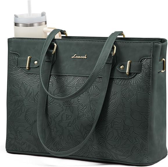LOVEVOOK Laptop Tote Bag for Women Work, Teacher Tote Bag with Large Cup Holder, 15.6 Inch Waterproof Leather Computer Bag