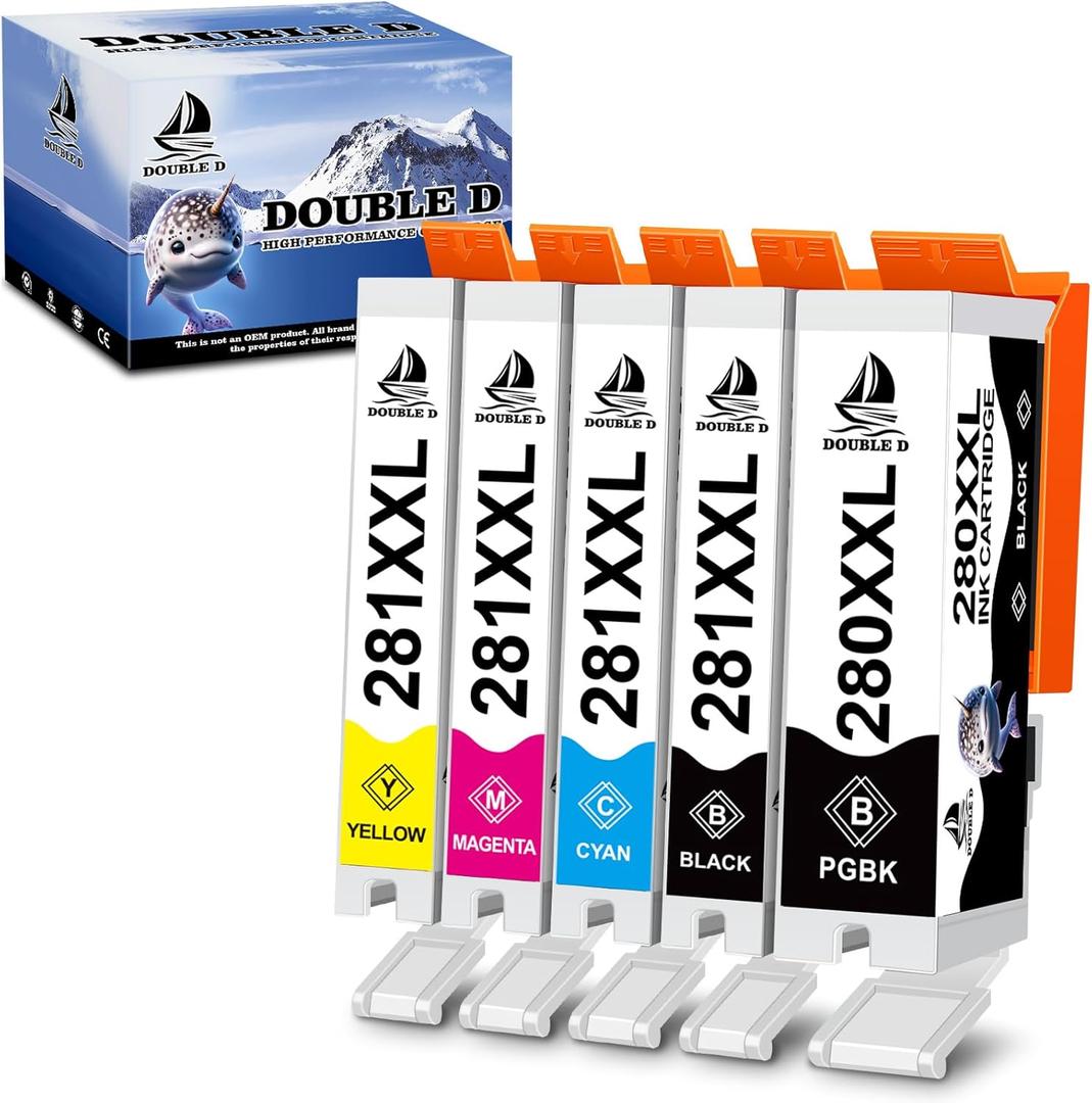 DOUBLE D 280 281 Ink Cartridges Compatible Replacement for Canon 280 281 PGI-280XXL CLI-281XXL for Canon PIXMA TR7520 TR8520 TS8220 TS9120 TS8120 TS6120 TS6220 TS9520 TS9521C TS702 (PGBK, BK, C, M, Y)
