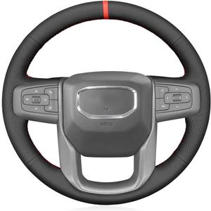 MEWANT Stitch On Custom Fit Steering Wheel Cover for GMC | GMC Sierra 1500 Sierra 1500 Limited Sierra 2500 Sierra 3500 Yukon XL / &Red Stripe&Red Stitching Black Genuine Leather