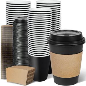 Ginkgo 100 Pack 12 oz Disposable Coffee Cups with Lids and Sleeves, To Go Leak-Proof Black Paper Cups for Picnics, Parties, Travel, Offices and Coffee Bar Supplies