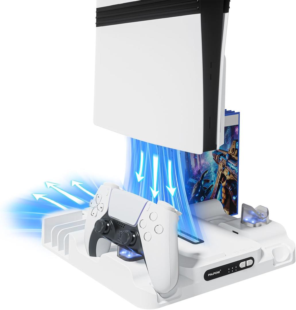 Cooling Station Stand for PS, Cooling Fan Station with Dual Controller Charger Compatible with P5 Pro/Slim Console, Cooler Station Stand for Ps Accessories with 3-Level Fan&LED Light