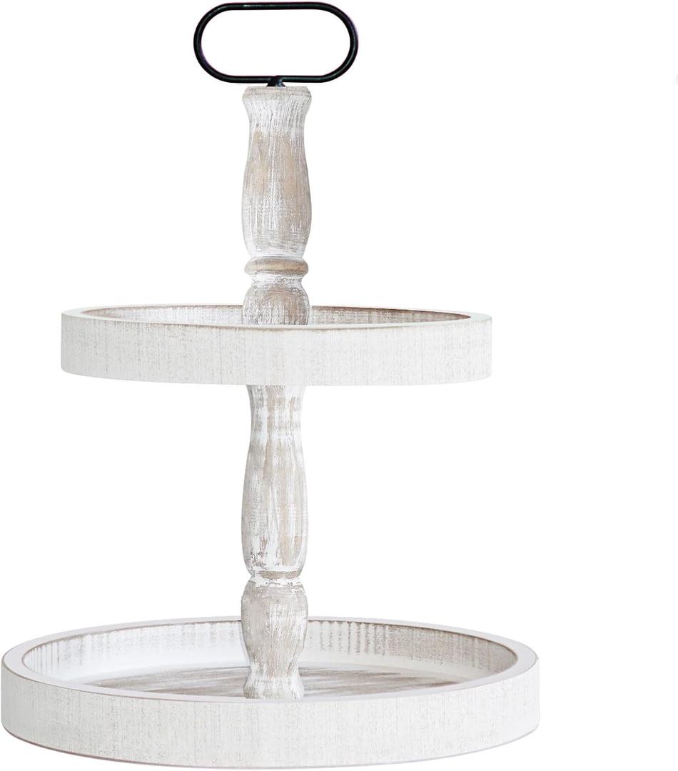 Decorative Tray - Two Tiered Tray Cupcake Stand Farmhouse Rustic 2 Tiered Serving Tray for Home and Kitchen Decor, Party, Weddings-Holiday Decoration Customizable Display Options(White) (15.7")