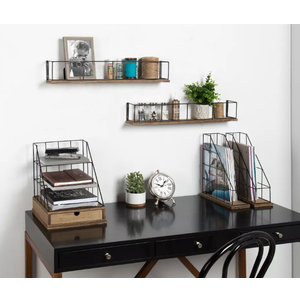 2 pcs Decorative Wall Shelf Set Brown/Black, Wood & Metal (Large; 23.62" x 5"91, Small: 19.69" x 4.92")