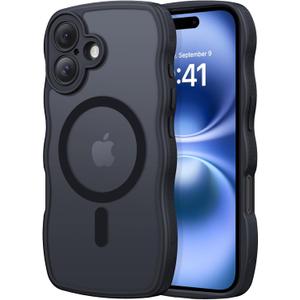 for iPhone 16 Case with MagSafe, Upgraded [Full Camera Protection] [Fit for MagSafe] [Mil-Grade Drop] Cute Wave Translucent Non-Slip Phone Case for iPhone 16 6.1",Black