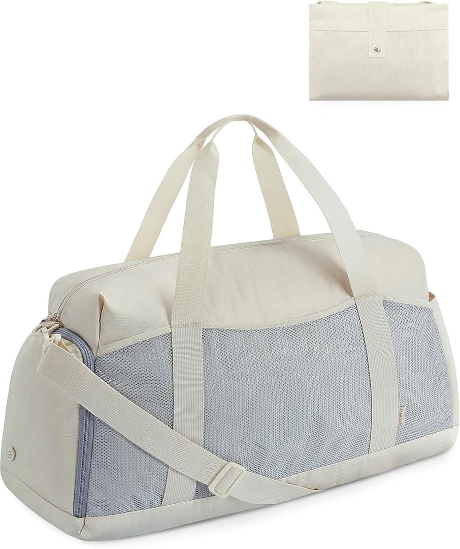 BAGSMART Foldable Duffle Bag for Women - 35L Carry On Weekender Overnight Sports Duffel with Shoe Compartment, Personal Item Travel Workout Bag for Travel Yoga, Beige