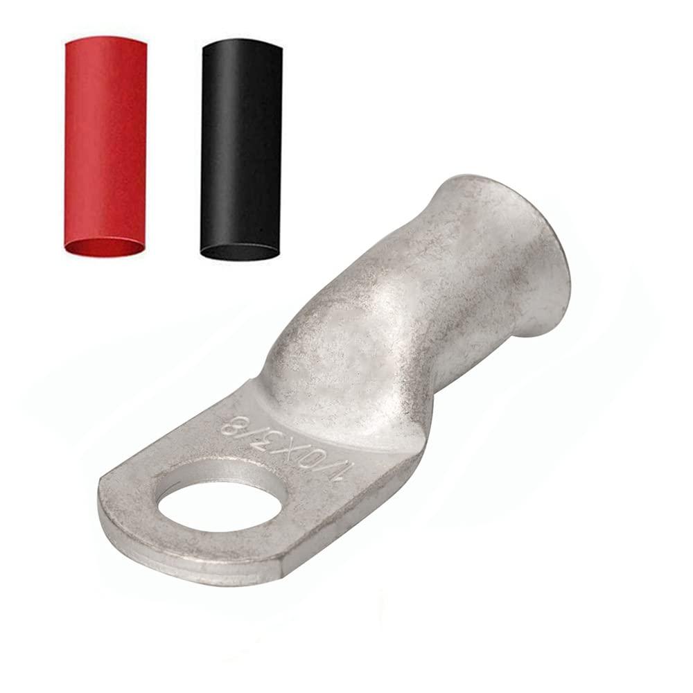 Heavy Duty 1/0x3/8 Tinned Copper Wire Lugs,12Pcs 1/0 AWG 3/8'' Stud Tubular Ring Terminals with 12Pcs Heat Shrink Tubing for Boat Marine Audio