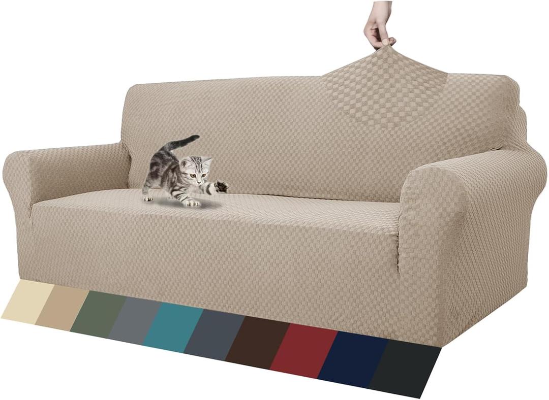 ZNSAYOTX 1 Piece Jacquard Couch Covers for 3 Cushion Couch Living Room High Stretch Sofa Cover Pets Dogs Friendly Anti Slip Thickened Slipcovers Furniture Protector (Sofa, Khaki)