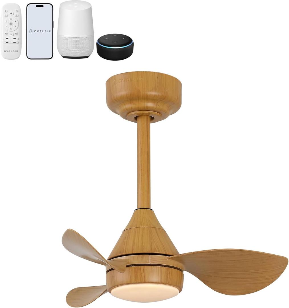 OVAL AIR AIR8000D Albini 22" Contemporary Minimalist 6-Speed Metal Mobile-App/Remote-Controlled Dimmable Smart Integrated LED Ceiling Fan for Living Room, Bedroom, Office, Aspen Pale Oak