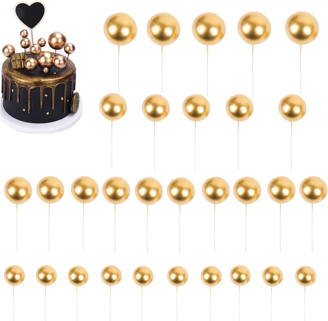 30PCS Balls Cake Topper Decorations DIY Cake Insert Toppers Ball Cake Picks Cupcake Topper for Birthday Party Graduation Wedding Cake DecorationGold)