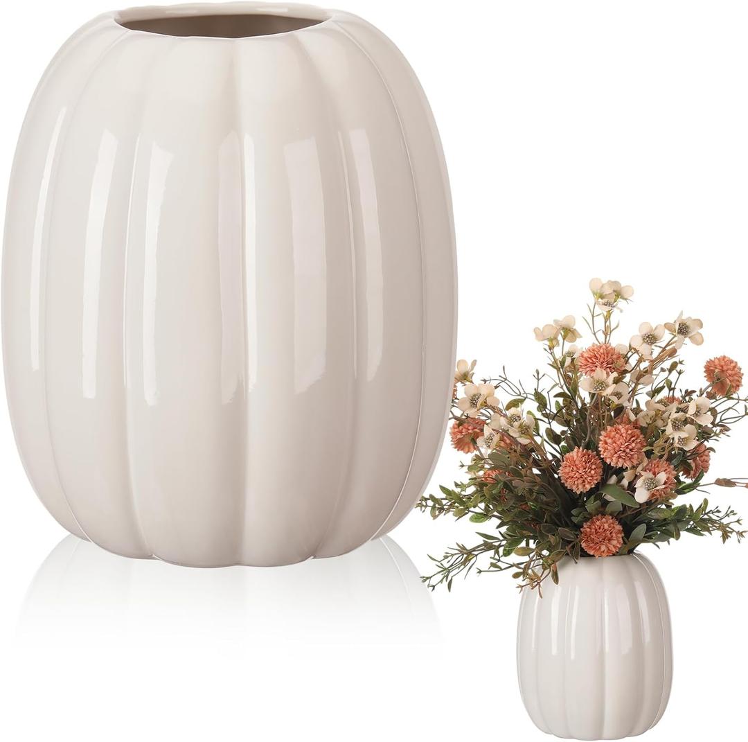 6.7 Inch Ceramic Pumpkin Vase Large Artificial Fake White Pumpkin Flower Vase Decorative Plant Pots for Fall Autumn Halloween Harvest Thanksgiving Farmhouses Home Room Office Decorations