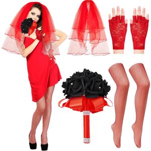 Ramede 6 Pcs Red Veil Women's Gothic Halloween Bride Costume Red Lace Fingerless Gloves Black Roses Bouquet Fishnet Tights
