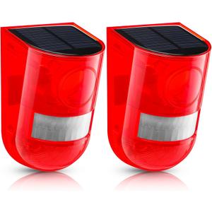Qualirey 2 Pack Solar Sound and Light Alarm Motion Sensor 129db Outdoor Security Siren Waterproof Motion Activated Detector Alarm 6 LEDs Flash Warning Strobe System for Home, Farm (Red)