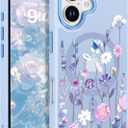 BENTOBEN Magnetic for iPhone 16 Case with Cute Flowers Floral Design Shockproof Protective Bumper Pattern, [Compatible with MagSafe] Translucent Matte Women Girl Protective Cover for iPhone 16, Blue