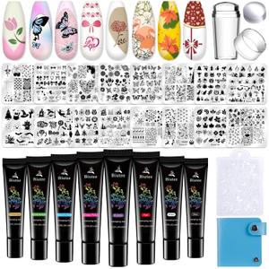 Biutee Nail Stamper Kit 16Pcs Nail Art Stamping Plate 8 Colors Stamp Polish Gel Silicone Stamper Scraper with Storage Bag, Nail Stamp Plates Love Flower Butterfly Leaf Template Holiday Design Gift