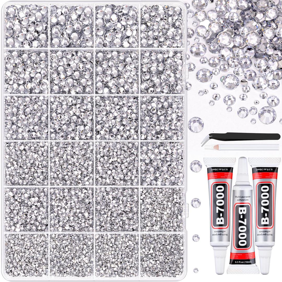 32000Pcs Resin Rhinestones for Bedazzling, Silver Clear Flatback Gems for Diamond Art, Crystal Bedazzler Kit with 3Pcs 10ml B7000 Jewelry Glue for Nail Art Crafting Clothing Book Makeup