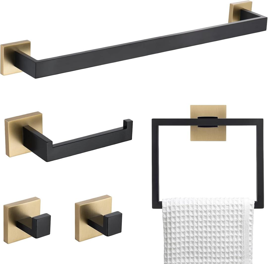 5 Pieces Bathroom Hardware Accessories Set Black and Gold Towel Bar Set,Wall Mounted Stainless Steel,23.6 Inch