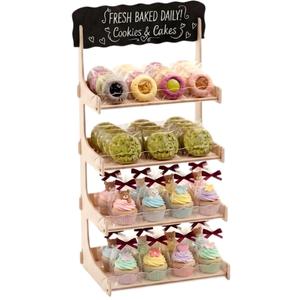 HOTCAN Cookie Display Stand for Bakers & Vendors with Acrylic Front | Wooden Dessert Stand with Chalkboard Sign for Market Booths, Craft Fairs & Events | 4 Tiered Cookie Display for Cupcakes, Muffins & Pastries (Natural)