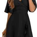 Dokotoo Women's Wrap V Neck Short Flared Sleeve Wedding Guest Dress Smocked Elastic Waist Tiered Belted Ruffle Hem Mini Dress (Large, Black)