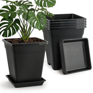 BTPLASTIK Plant Pots 10 Inch Set of 5, Large Square Plastic Planter with Drainage & Saucer, 5 Gallon Thick Outdoor Garden Pots Container for Outdoor Indoor, Flower Pots Planters